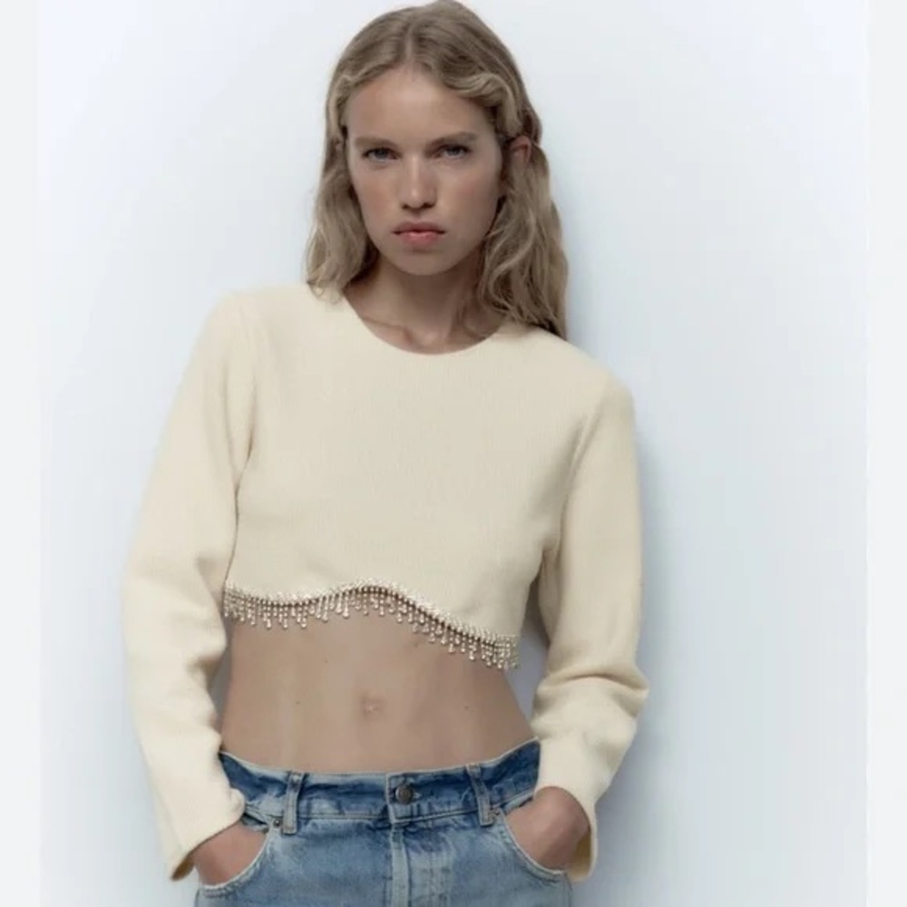 Zara Rhinestone Cream Cropped Sweater // Size L